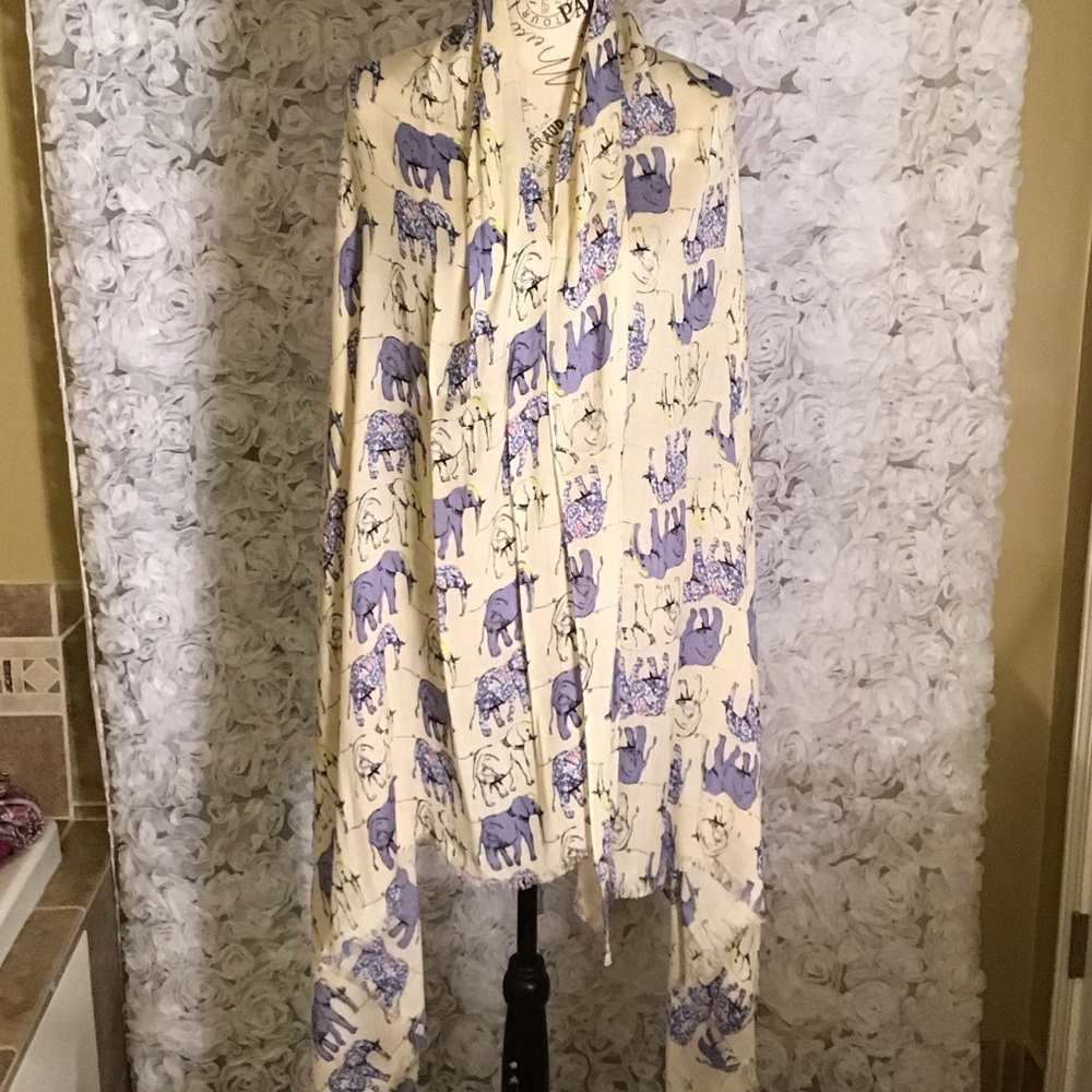 John Lewis Grey Blue Cream Bamboo Viscose Happy Elephant Print Scarf